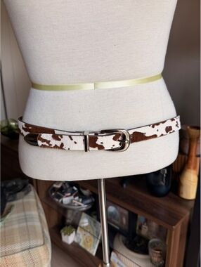 Cowhide Print Leather Belt - Brown & White